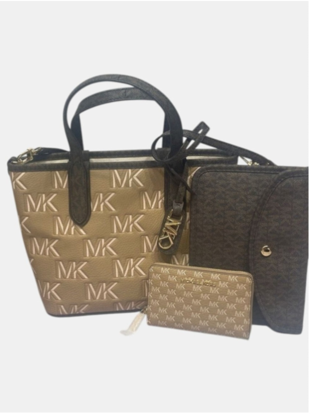 Michael Kors Eliza Small Embossed Tote & Matching Wallet Camel Brown Tan Logo - Picture 7 of 15